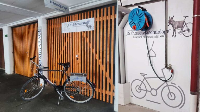 Collage aus zwei Bildern. Eines zeigt die Fahrradgarage und das andere Foto zeigt die Fahrradwaschstraße im Hotel Brunner Amberg.